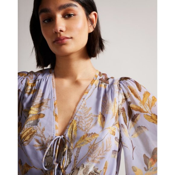 Ted Baker Floral Tie Front Blouse in Lilac Size 3 (US 8) - Picture 2 of 11